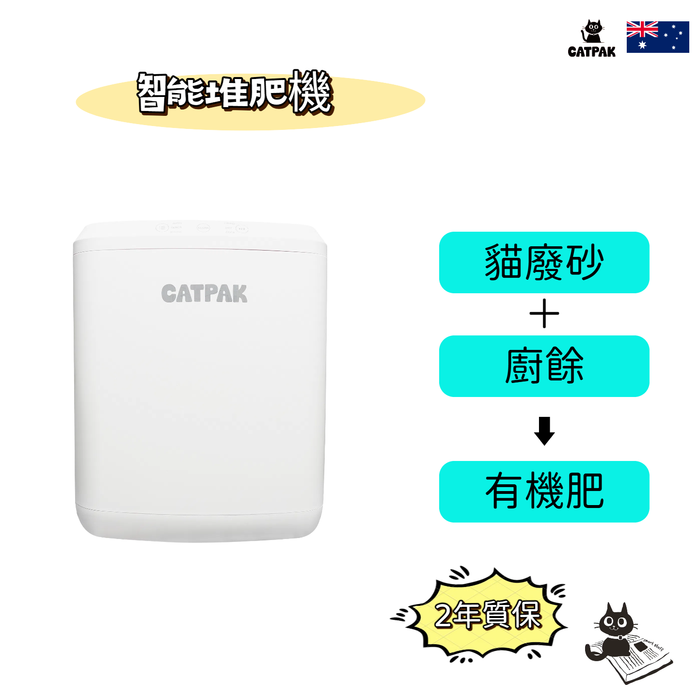 CATPAK「智能堆肥機」貓砂+廚餘→有機肥｜廚餘機｜4小時變花肥｜一機搞掂｜玻璃頂監控×自動清潔功能｜香港首創